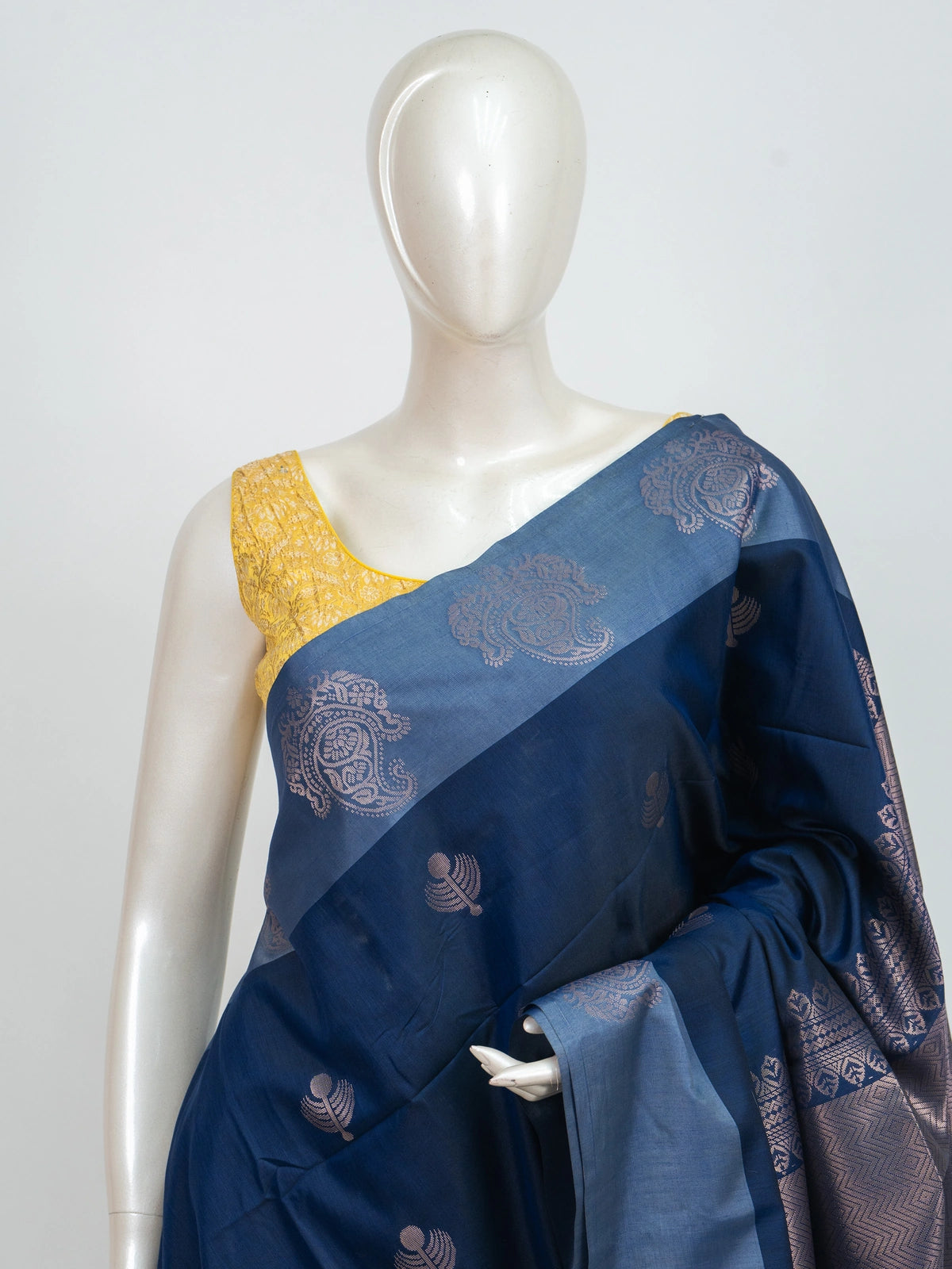 Navy blue Kanchipuram Fancy Silk saree with silver zari buttas and contrast light-blue border