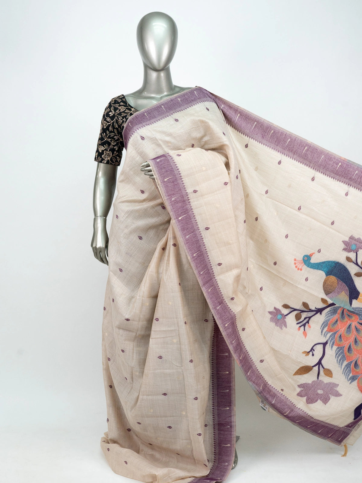 Cream linen cotton saree with lavender contrast border and multicoloured peacock pallu