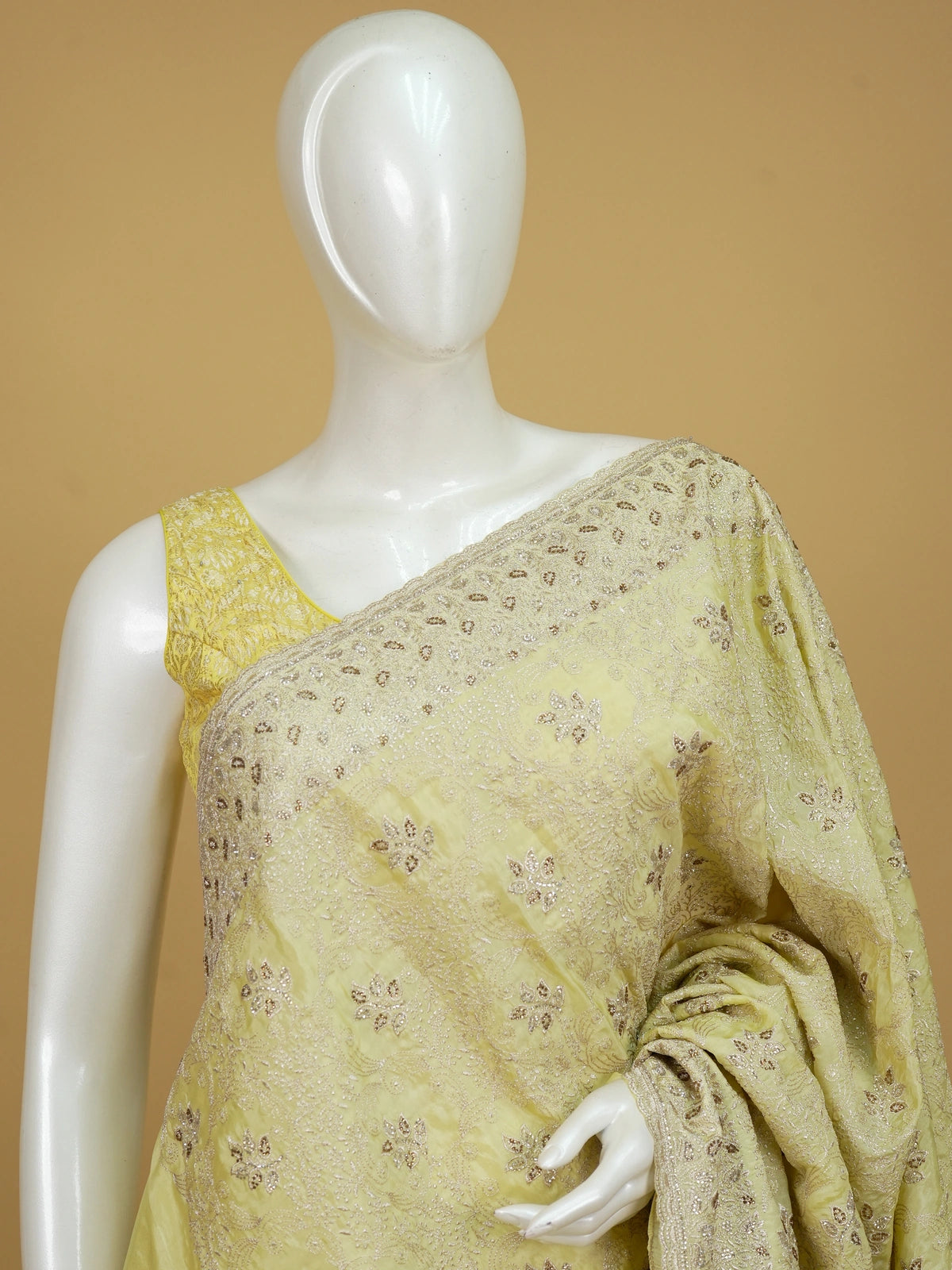 Lemon yellow designer art silk saree with all-over floral embroidery and sequin work