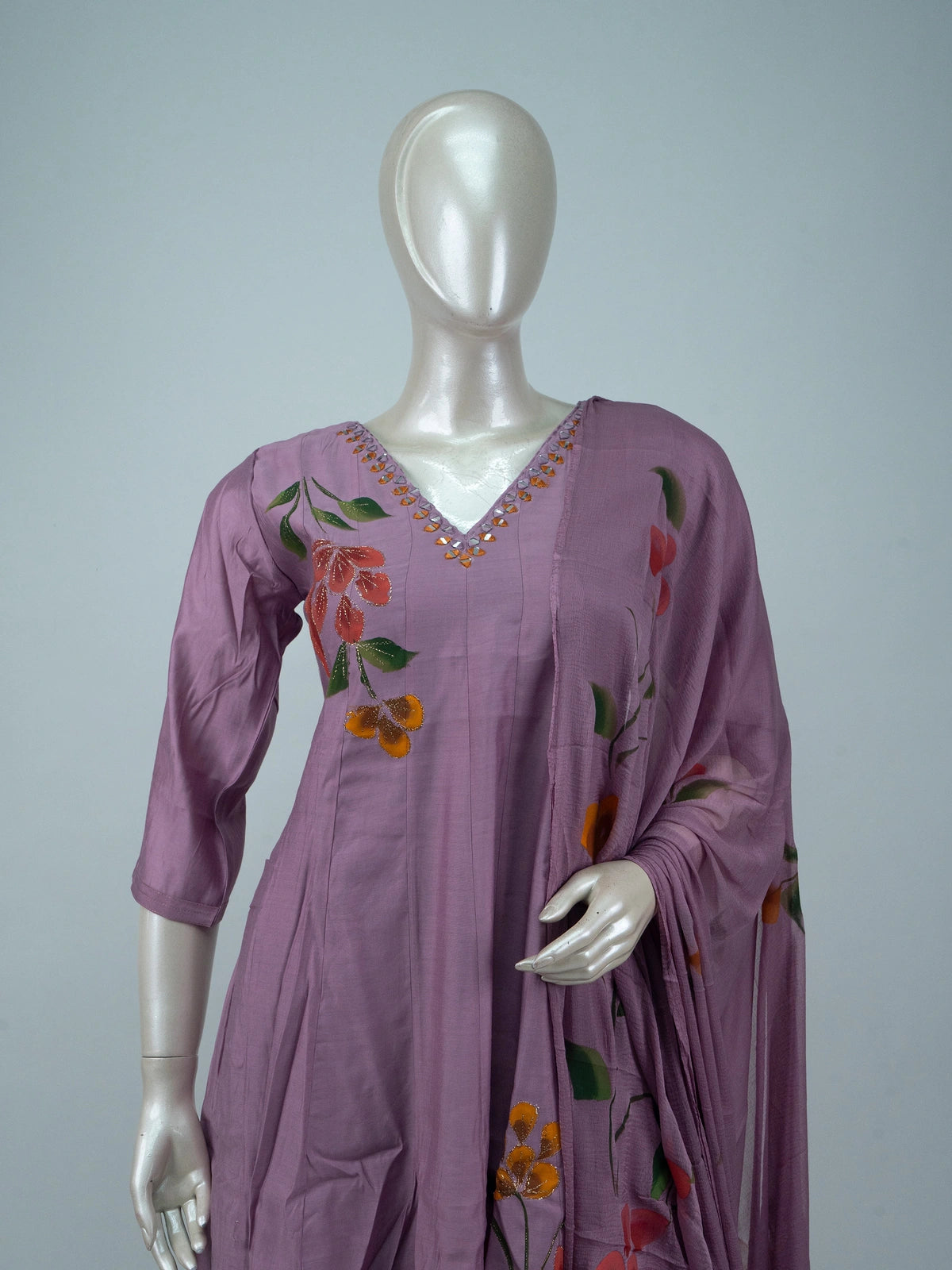Lilac hand-painted floral Anarkali kurti set with mirror-work neckline and matching dupatta