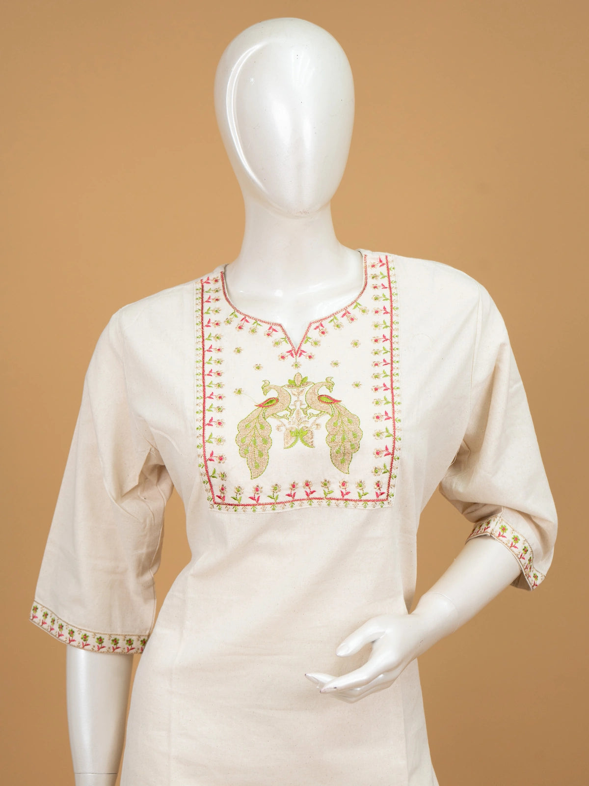 Off-White cotton straight cut kurti top with peacock embroidered yoke and 3/4th sleeves