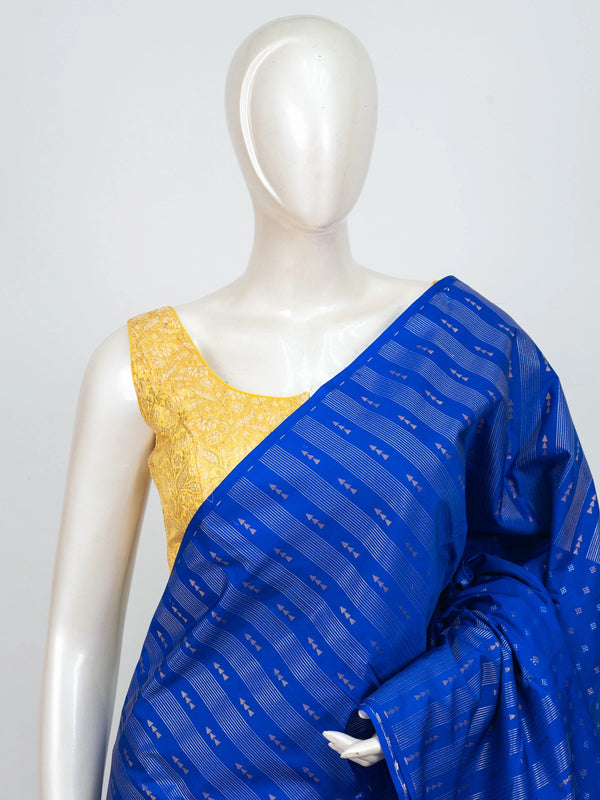 Royal blue semi silk saree with silver zari stripes and contrast dark brown border and pallu
