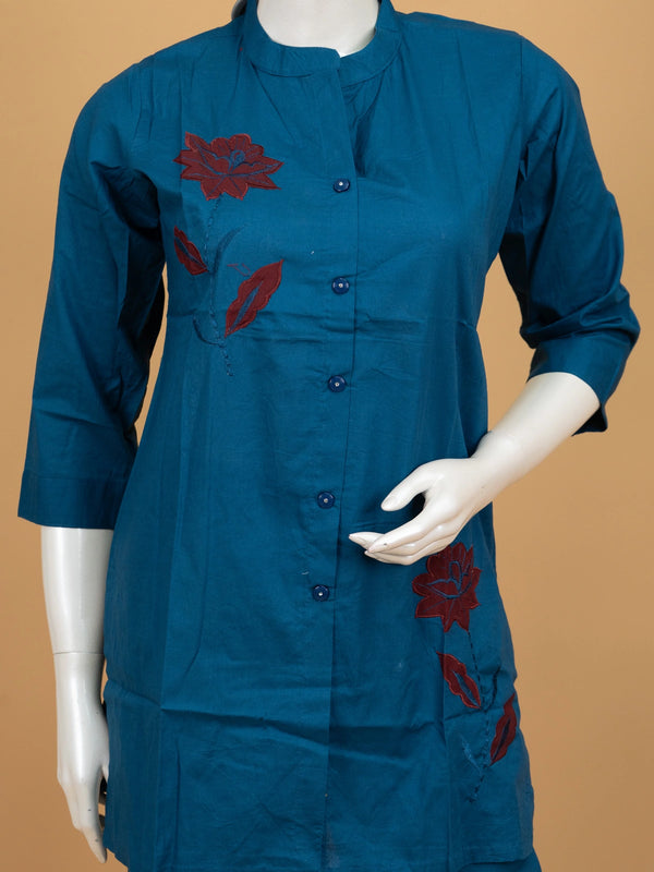 Teal Blue Cotton Floral Embroidered Co-ord Kurti Set with maroon lotus applique