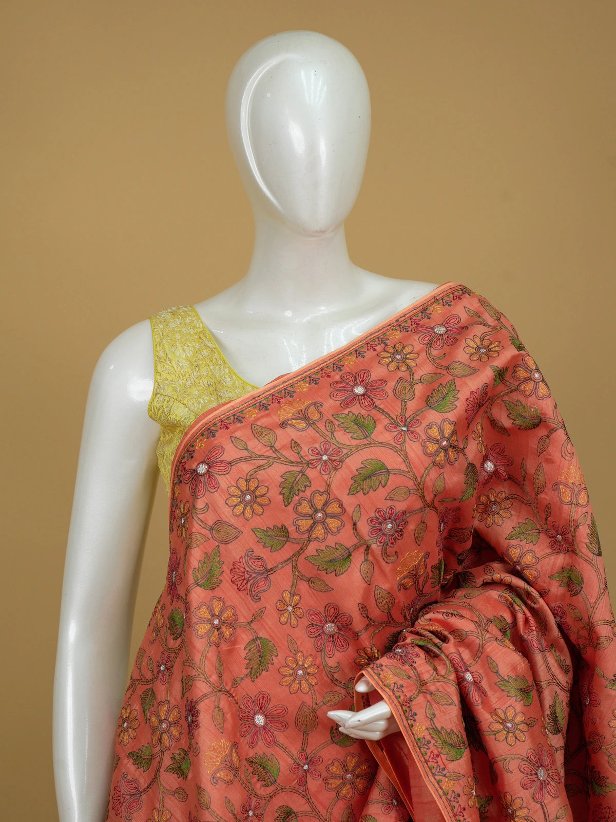 Coral art silk designer saree with multicolour allover floral embroidery and paisley border