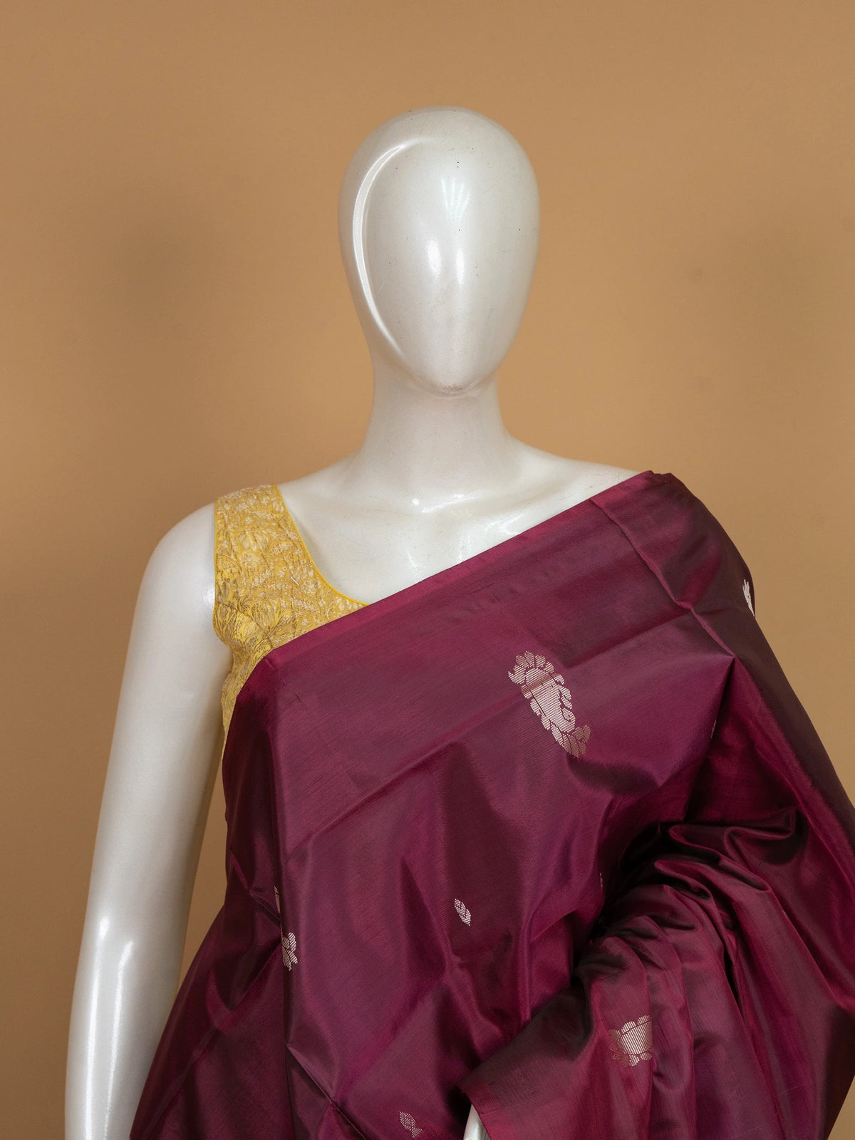 Wine Banana silk saree with silver buttis and contrast sky blue pallu