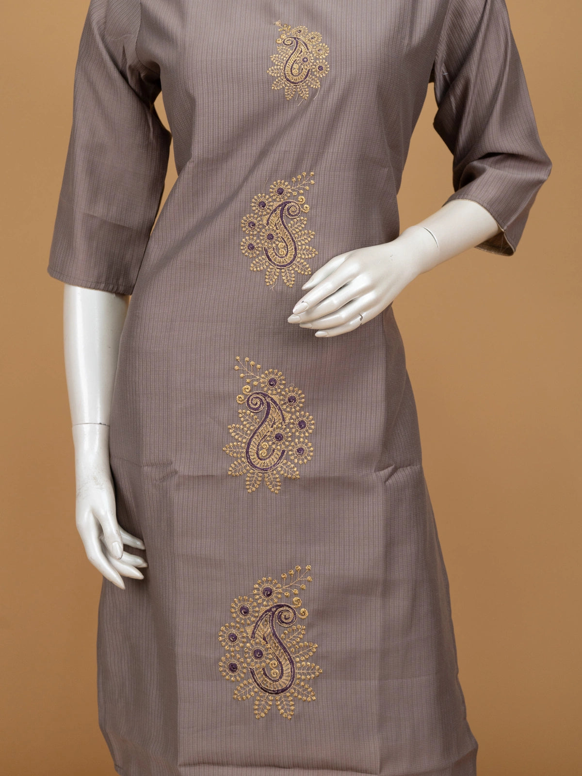 Mauve Grey paisley embroidered cotton straight cut kurti top with gold lace neckline