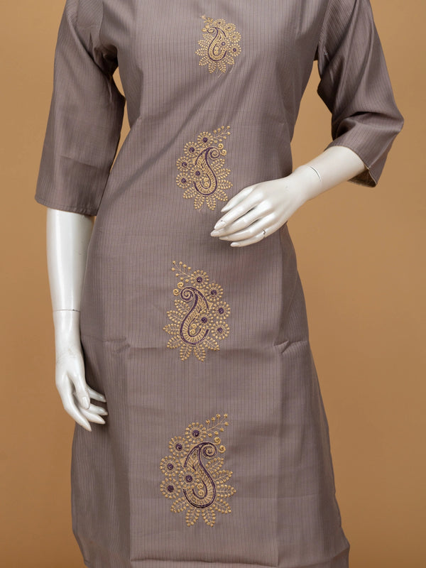 Mauve Grey paisley embroidered cotton straight cut kurti top with gold lace neckline