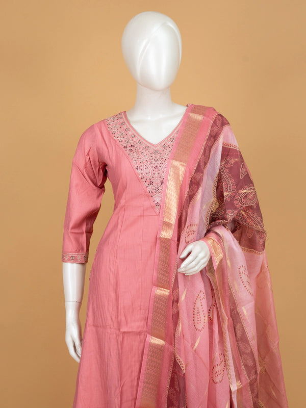 Rose Pink cotton embroidered A-Line kurti set with maroon contrast zari dupatta