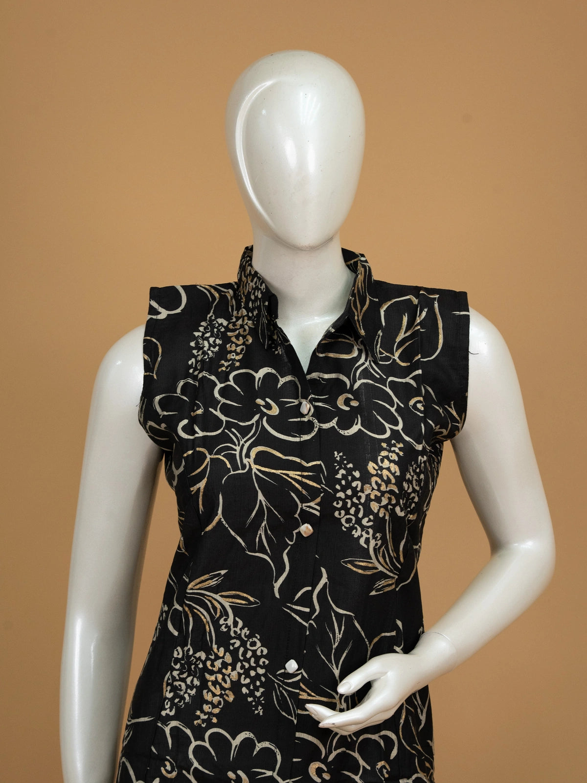 Black and gold floral printed sleeveless cotton co-ord kurti set with matching palazzo pants