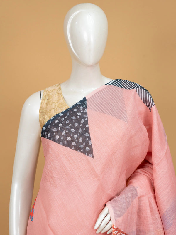 Peach linen cotton saree with multicolour patchwork printed pallu and border