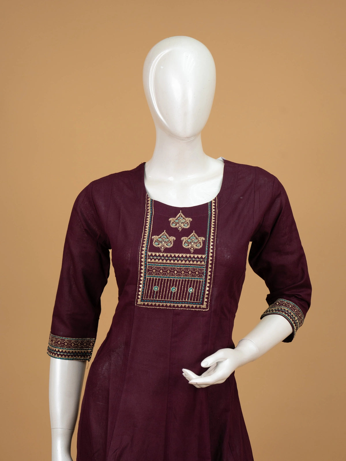 Wine cotton Anarkali kurti top with gold and teal zari embroidered yoke and 3/4 sleeves