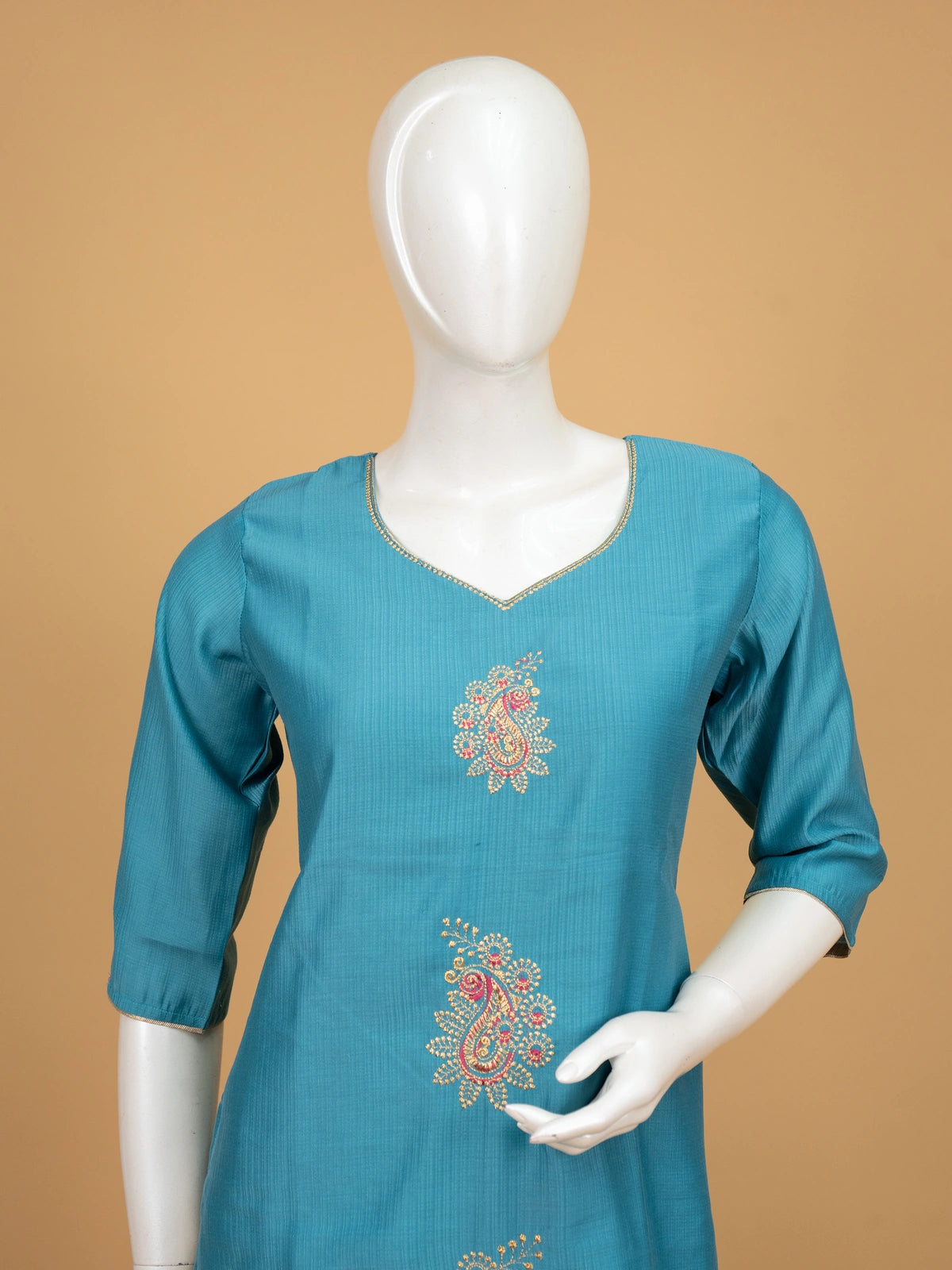 Teal Blue Paisley Embroidered Cotton Silk Straight Cut Kurti Top