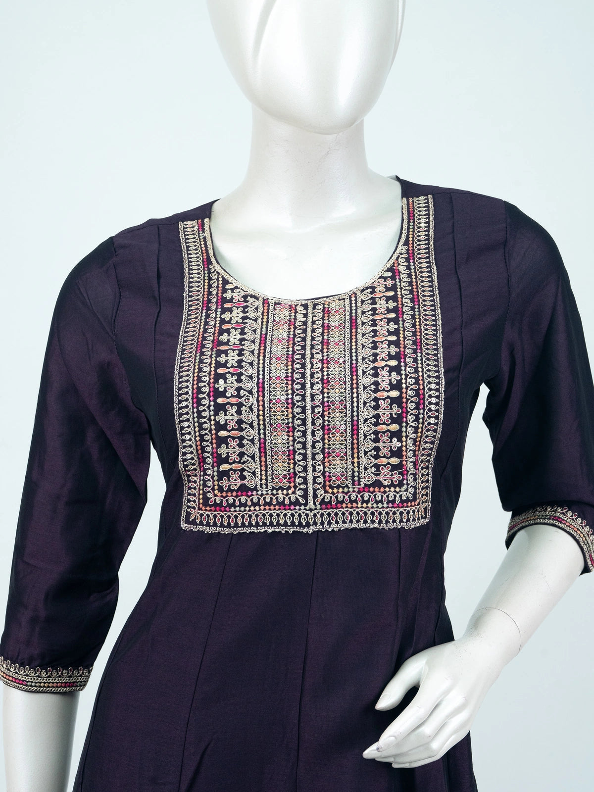Deep purple embroidered Anarkali kurti top with multicolour zari yoke and hem border
