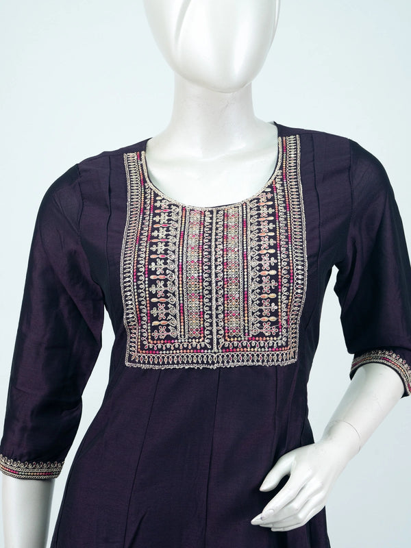 Deep purple embroidered Anarkali kurti top with multicolour zari yoke and hem border