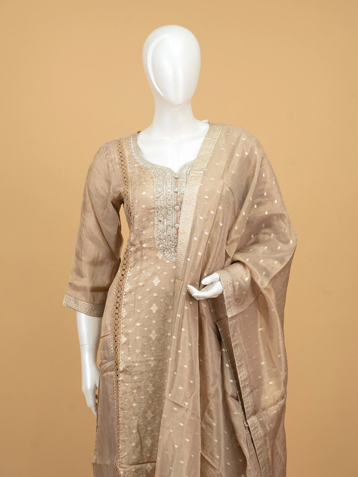 Beige Chanderi silk zari embroidered straight cut kurti set with matching dupatta