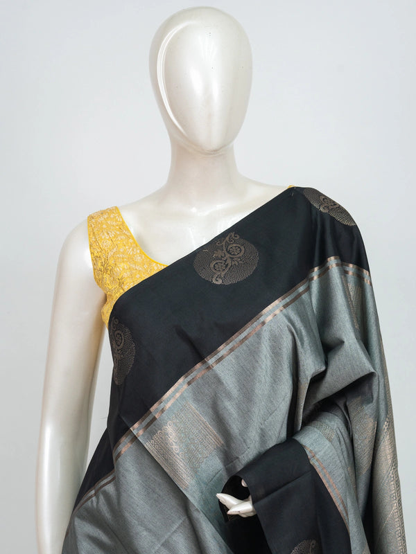 Grey and black Kanchipuram fancy silk saree with copper-gold zari butta motifs and contrast zari border