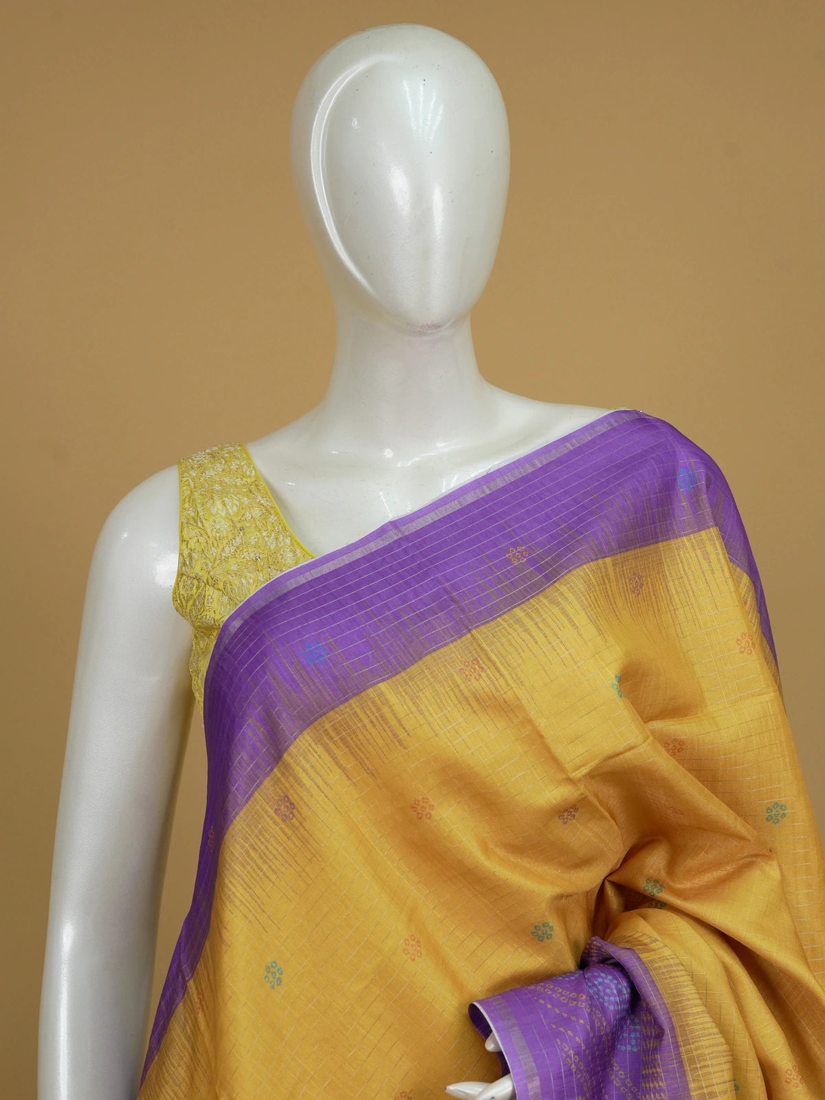 Mustard yellow Dola silk saree with purple contrast border, zari checks and woven pallu
