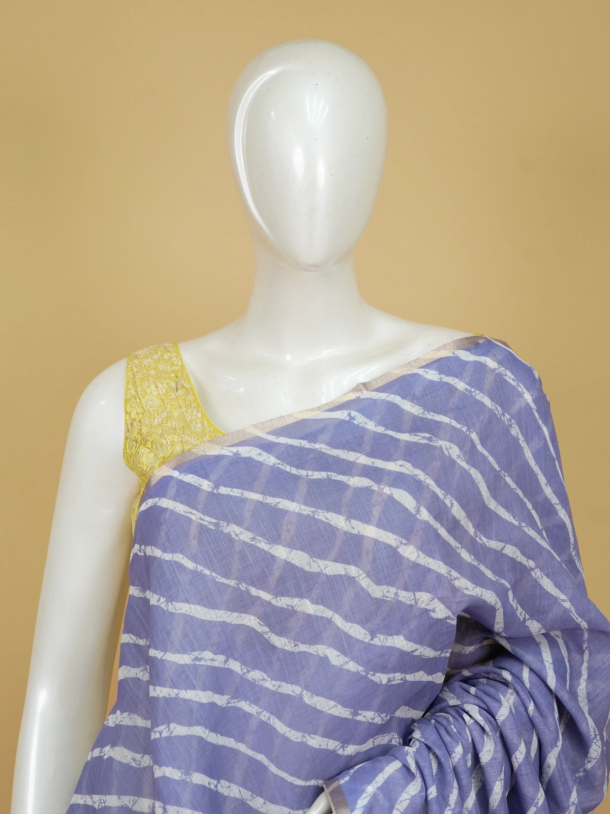 Lavender linen cotton saree with white leheriya batik stripes, multicolour floral batik pallu and golden zari border