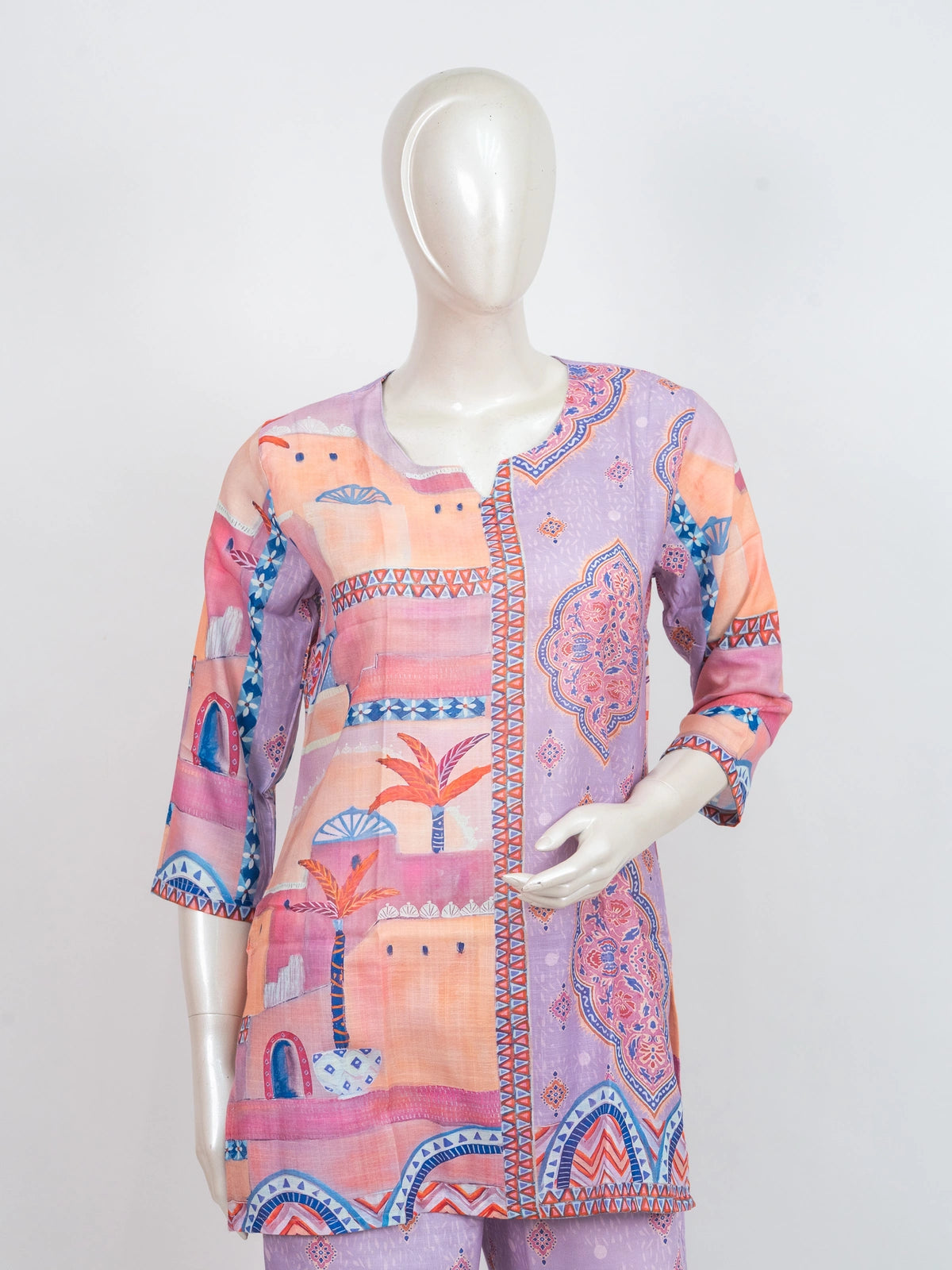 Lilac multicolour printed cotton co-ord set with short kurti top and wide-leg palazzo