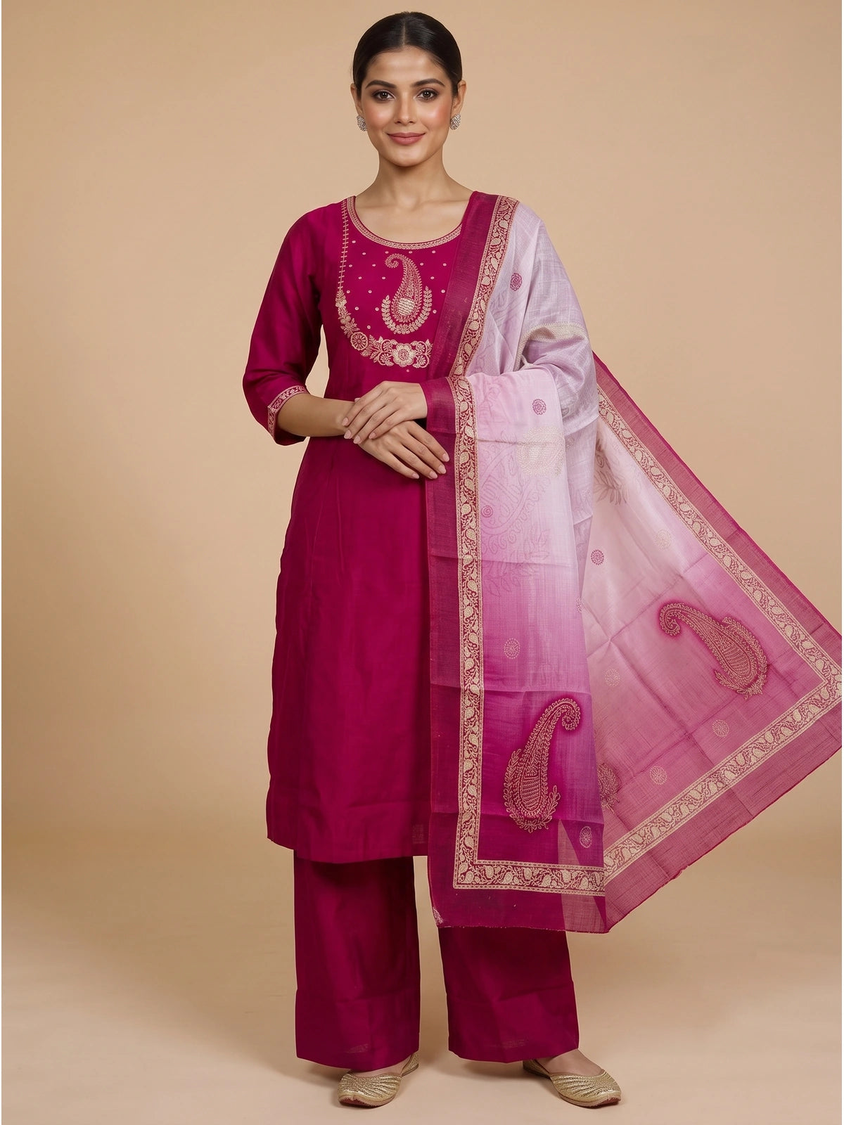 Rani pink zari embroidered ready made kurti set with straight palazzo pants and ombre pink zari border dupatta