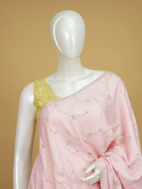 Soft pink designer saree with silver stonework floral vine embroidery and scalloped border