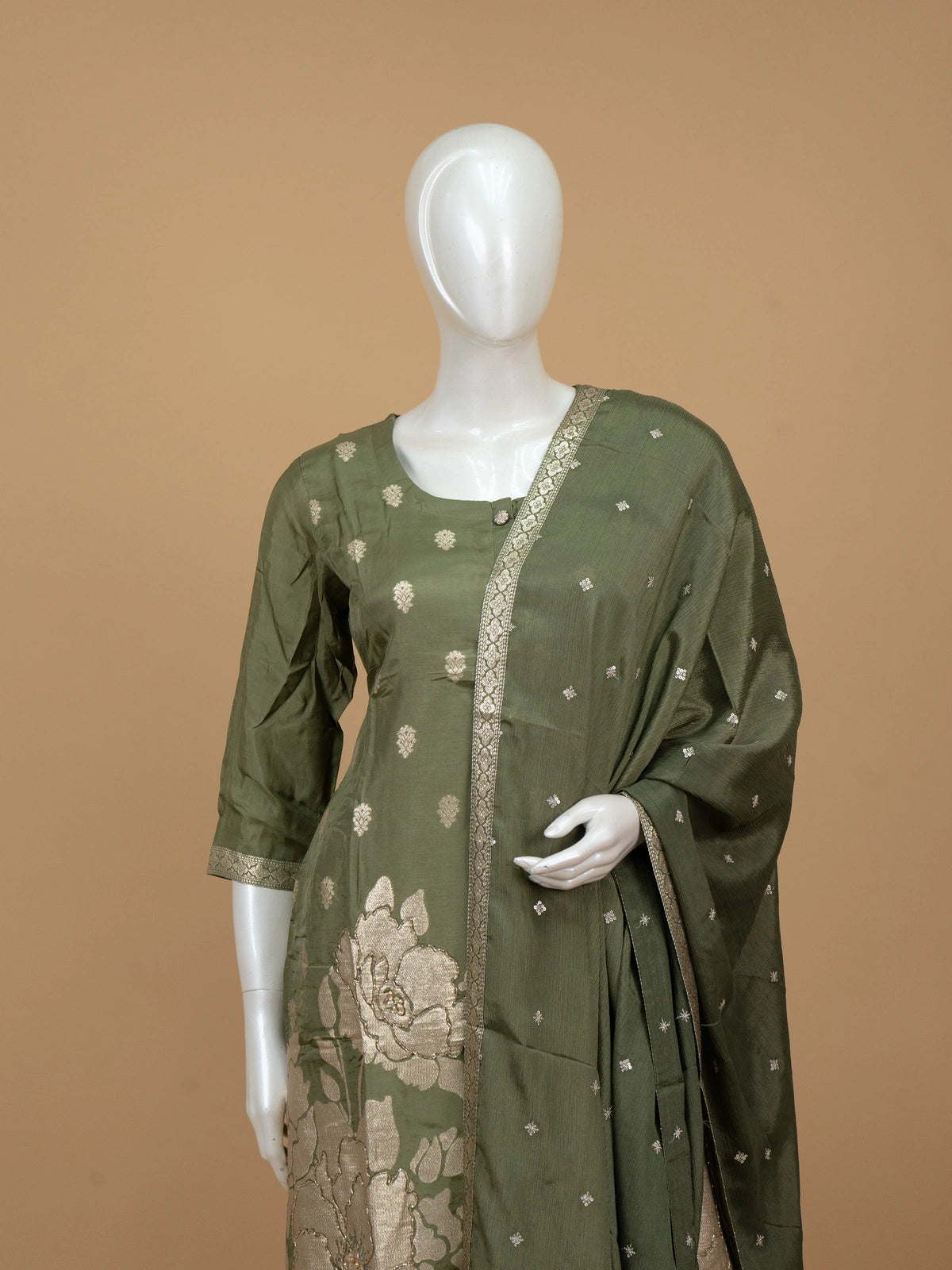 Olive Green zari floral silk straight cut kurti set with dupatta