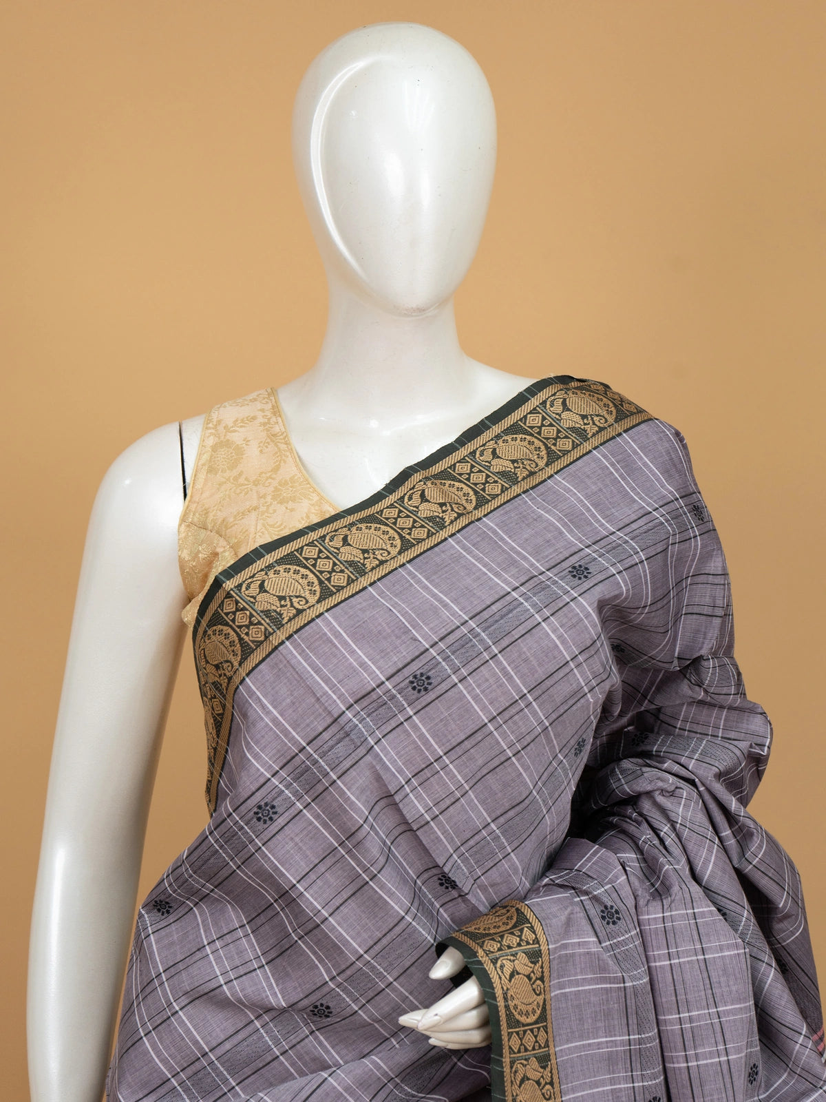Mauve and pink checked Chettinad cotton saree with dark green gold zari peacock border
