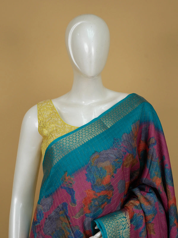 Magenta Dola silk saree with multicolour floral print and contrast teal gold zari border