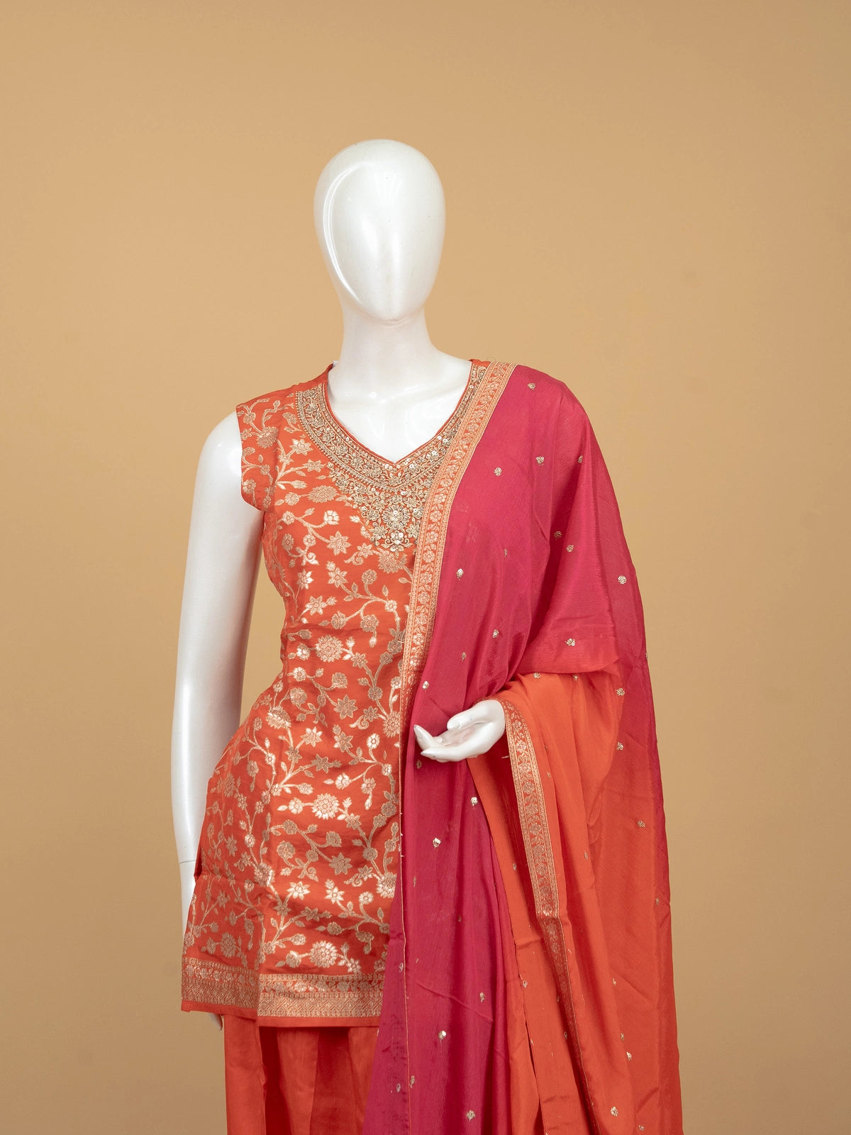 Orange floral zari silk embroidered straight cut kurti top with embellished neckline