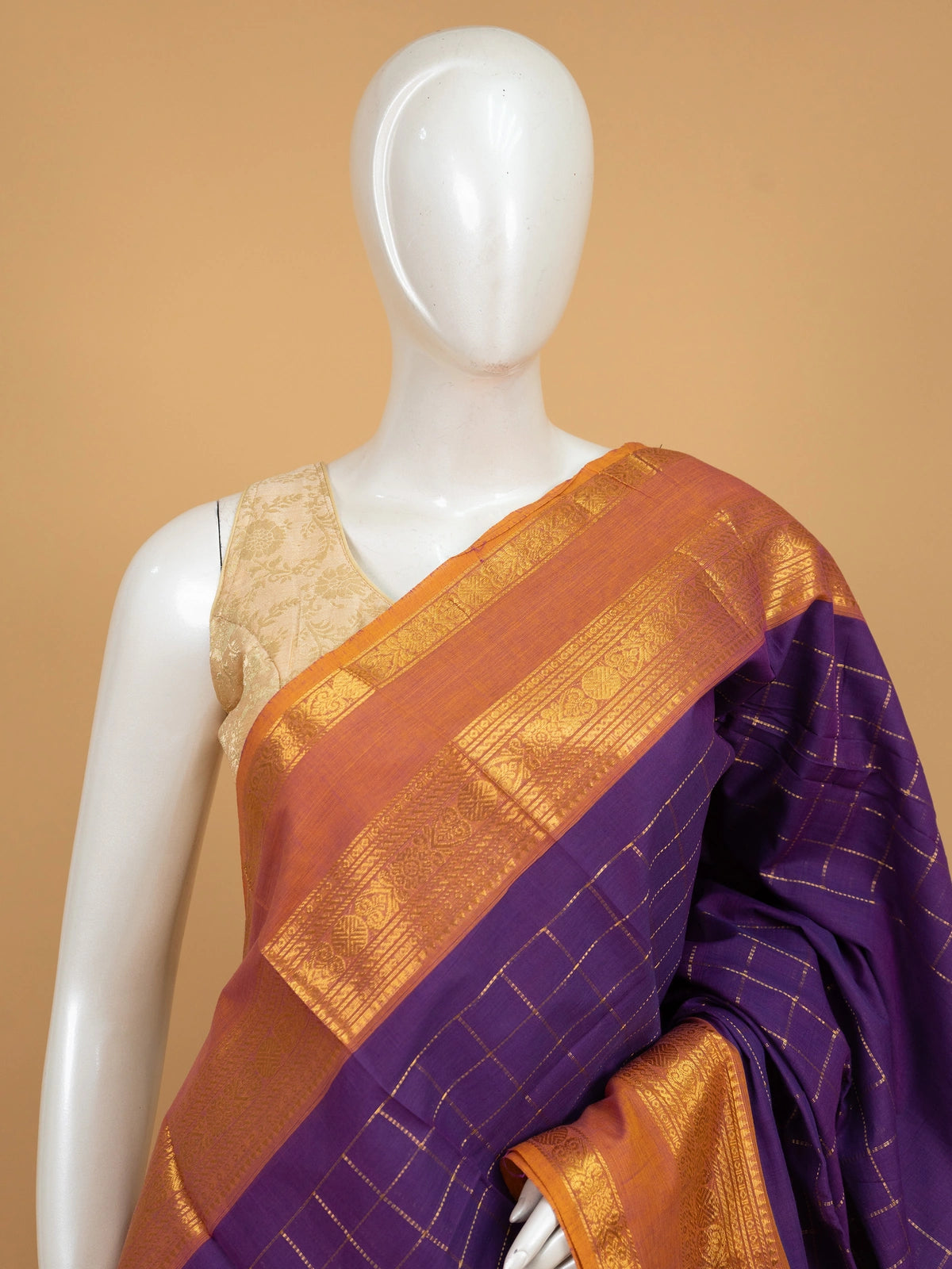 Purple Chettinad cotton saree with gold zari checks and contrast mustard zari border