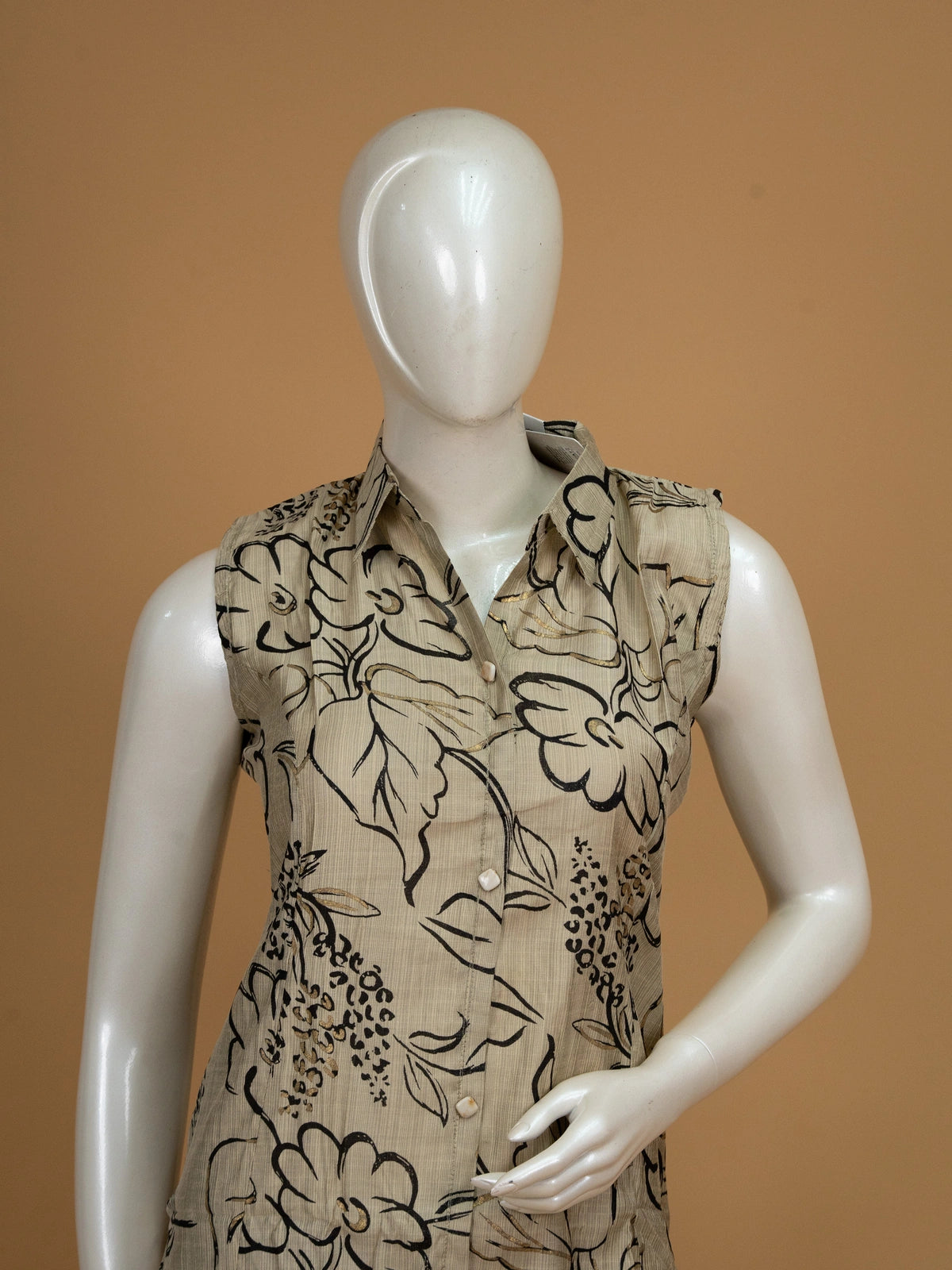 Beige floral printed cotton sleeveless shirt-style kurti with matching palazzo co-ord set