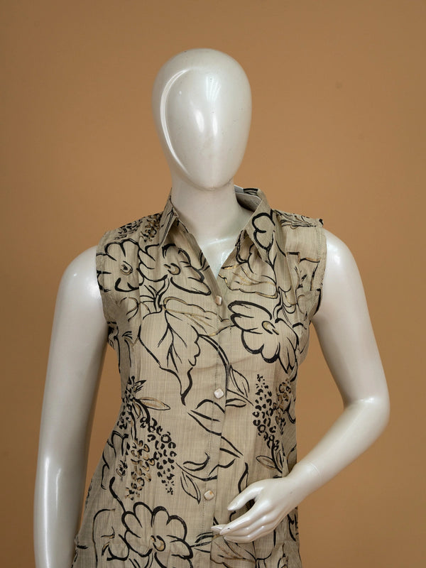 Beige floral printed cotton sleeveless shirt-style kurti with matching palazzo co-ord set