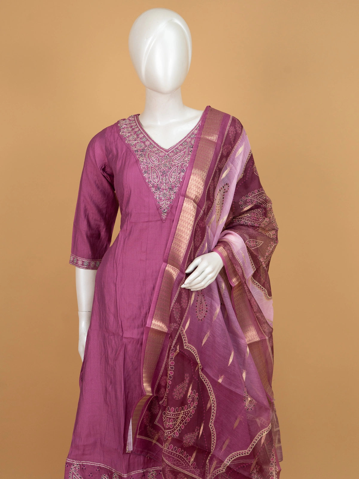 Mauve embroidered cotton silk A-line kurti set with zari paisley dupatta and straight pants