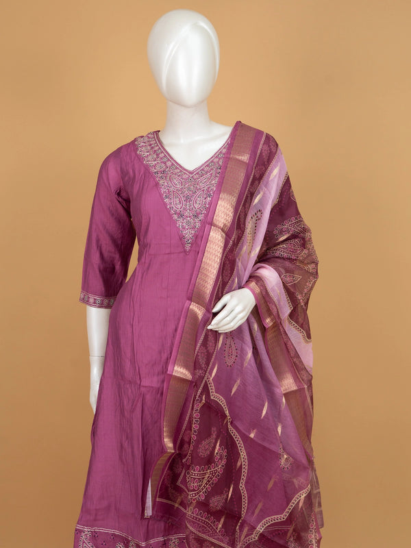 Mauve embroidered cotton silk A-line kurti set with zari paisley dupatta and straight pants