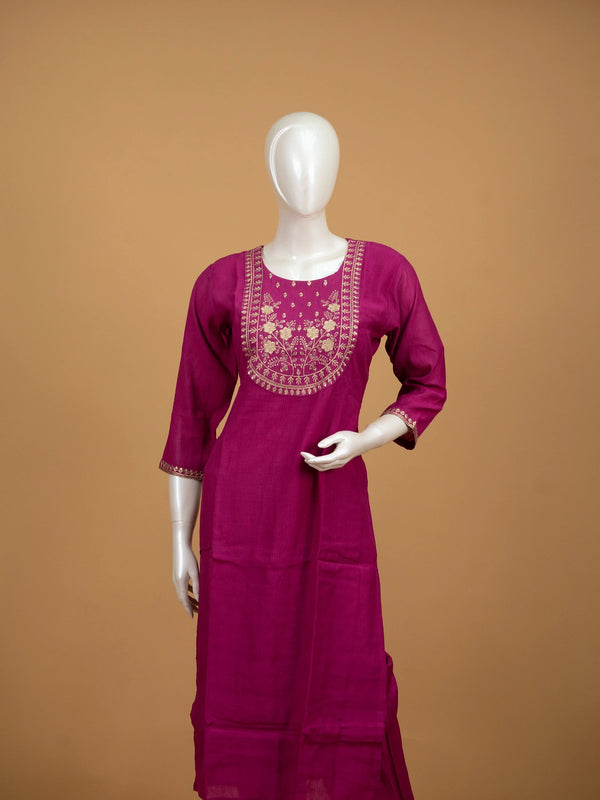 Rani Pink zari embroidered art silk straight cut kurti set with printed dupatta and pants