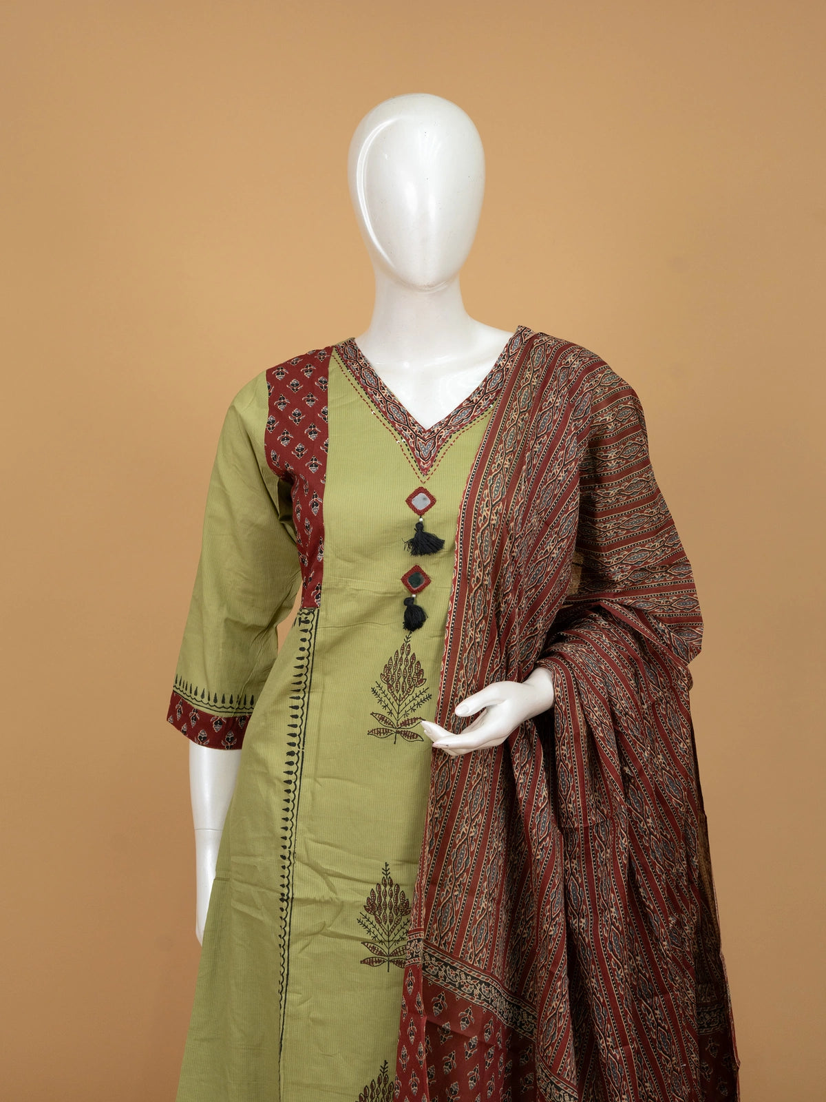 Olive green cotton Ajrakh print straight cut kurti set with mirror work and maroon dupatta