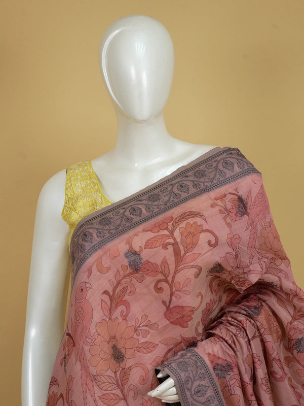 Peach and grey floral printed linen cotton saree with Kalamkari-style parrot motifs and contrast border