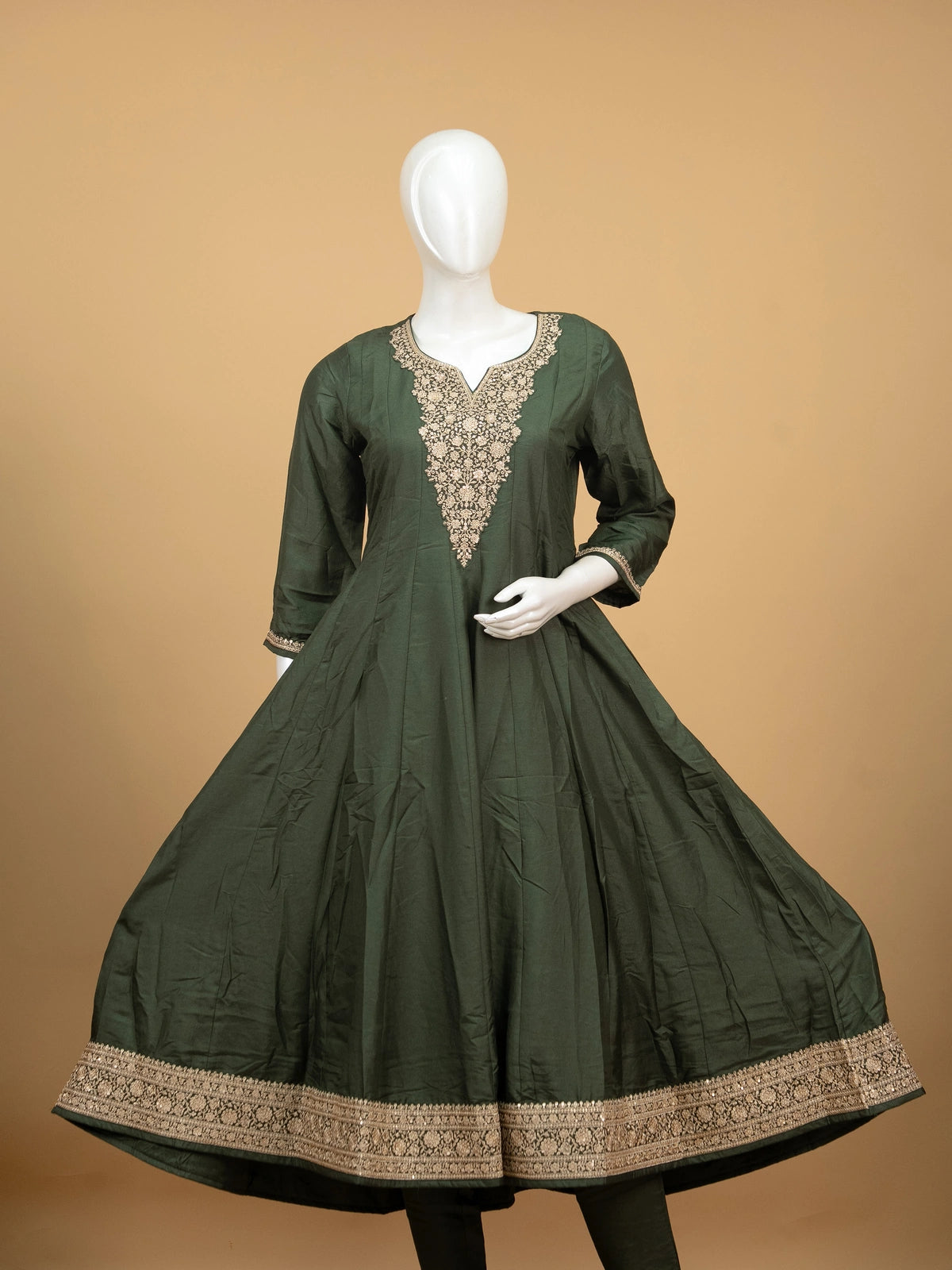 Bottle Green silk blend zari embroidered Anarkali kurti set with gold neckline and green gold dupatta