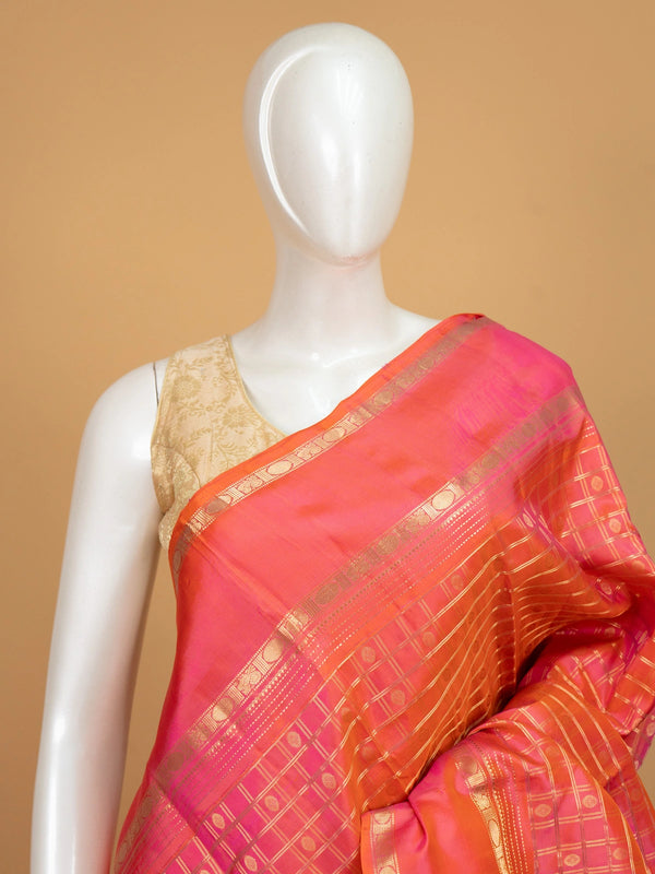 Pink and orange pure Kanchipuram silk saree with gold zari checks and contrast border