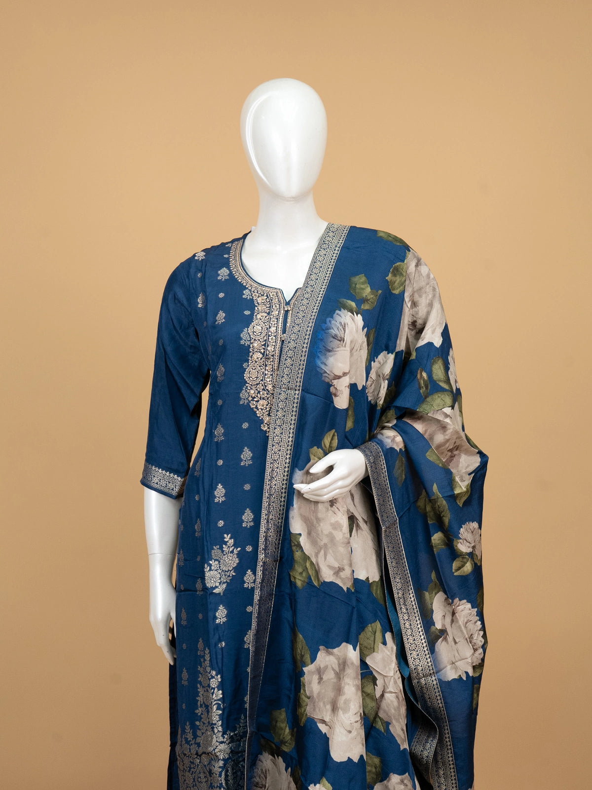 Peacock Blue Zari woven straight cut kurti set with embroidered neckline and floral printed dupatta