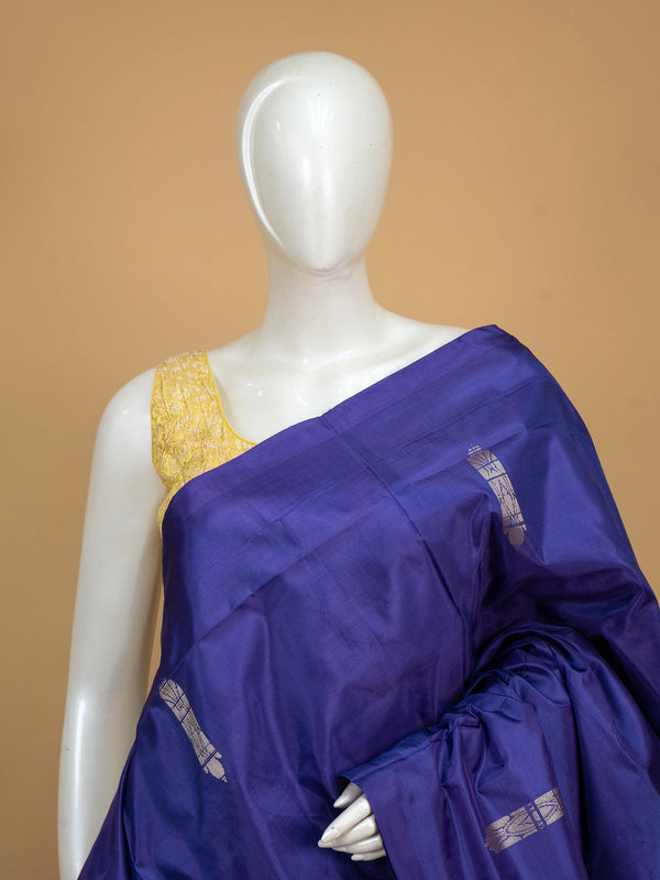 Royal blue banana silk saree with silver zari buttas and contrast turquoise striped pallu and border