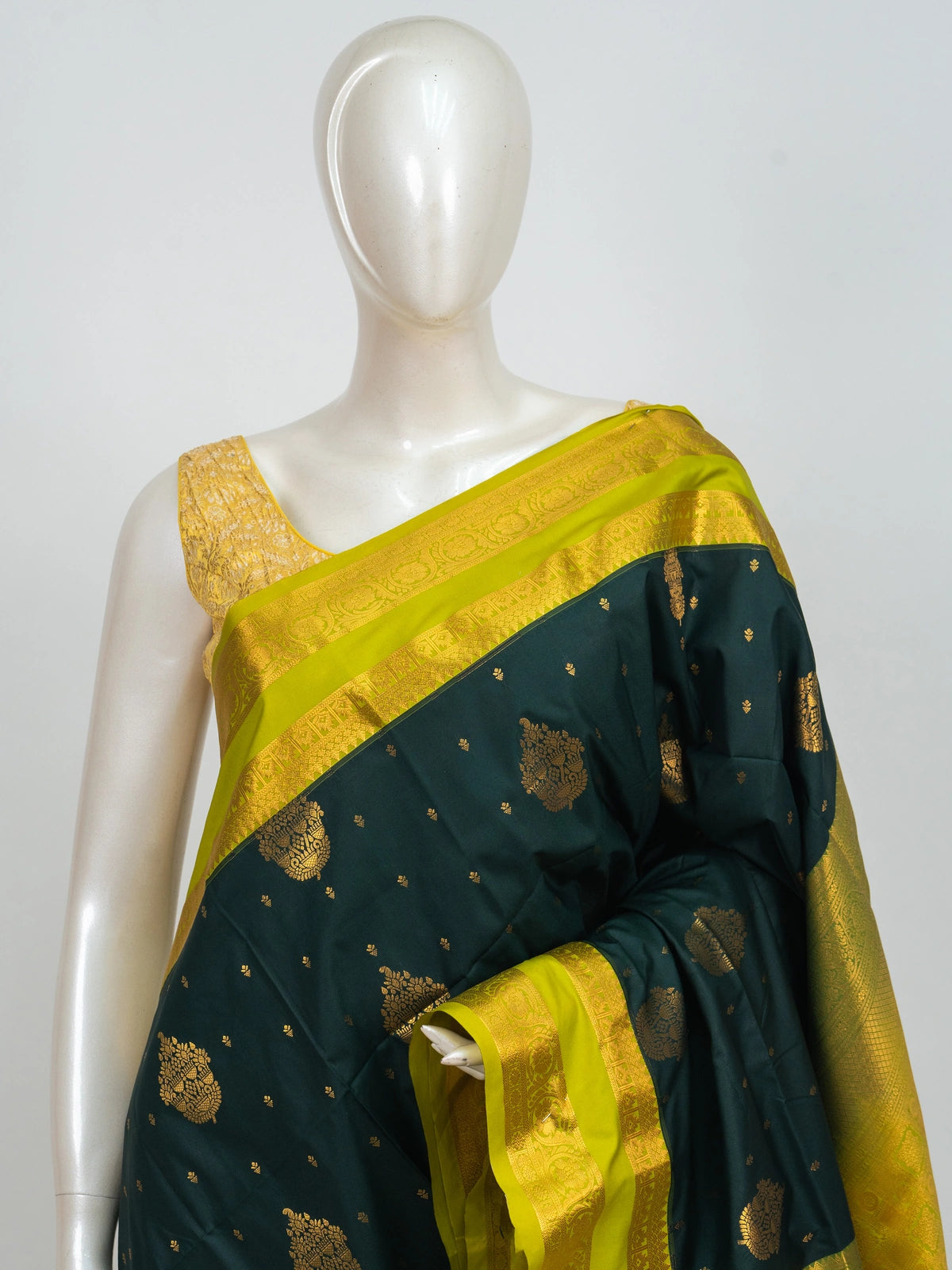 Bottle Green and Lime Gold Kanchipuram Fancy Silk Saree