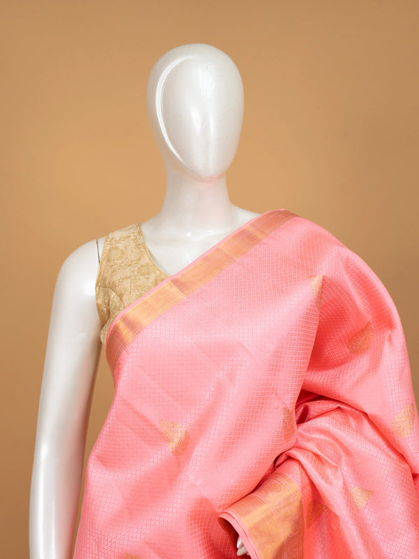 Rose pink pure Kanchipuram silk saree with gold zari checked body and broad zari border