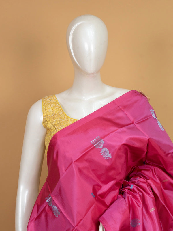 Pink banana silk saree with contrast green pallu and woven peacock motifs