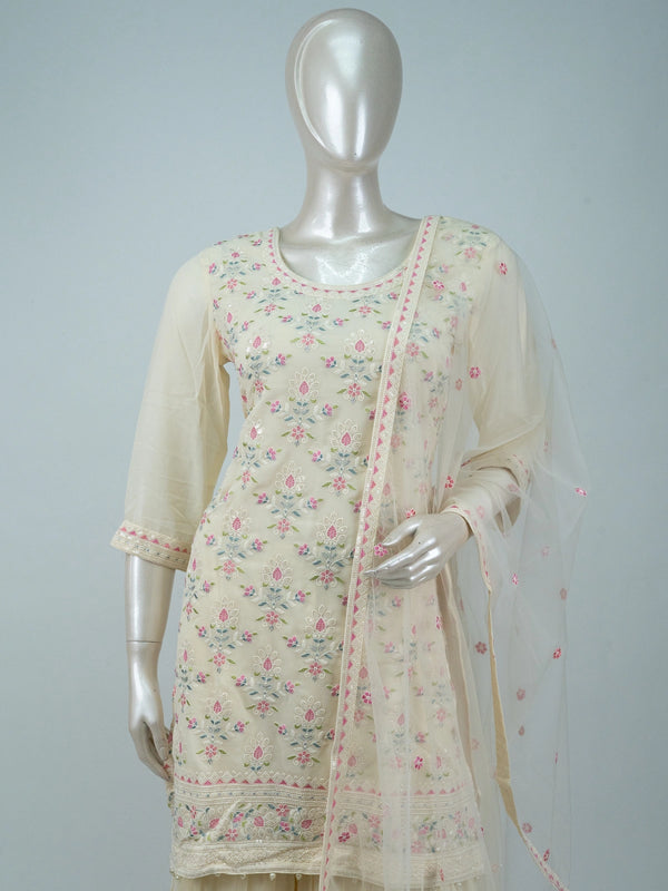Cream multicolour floral embroidered straight cut kurti sharara set with net dupatta