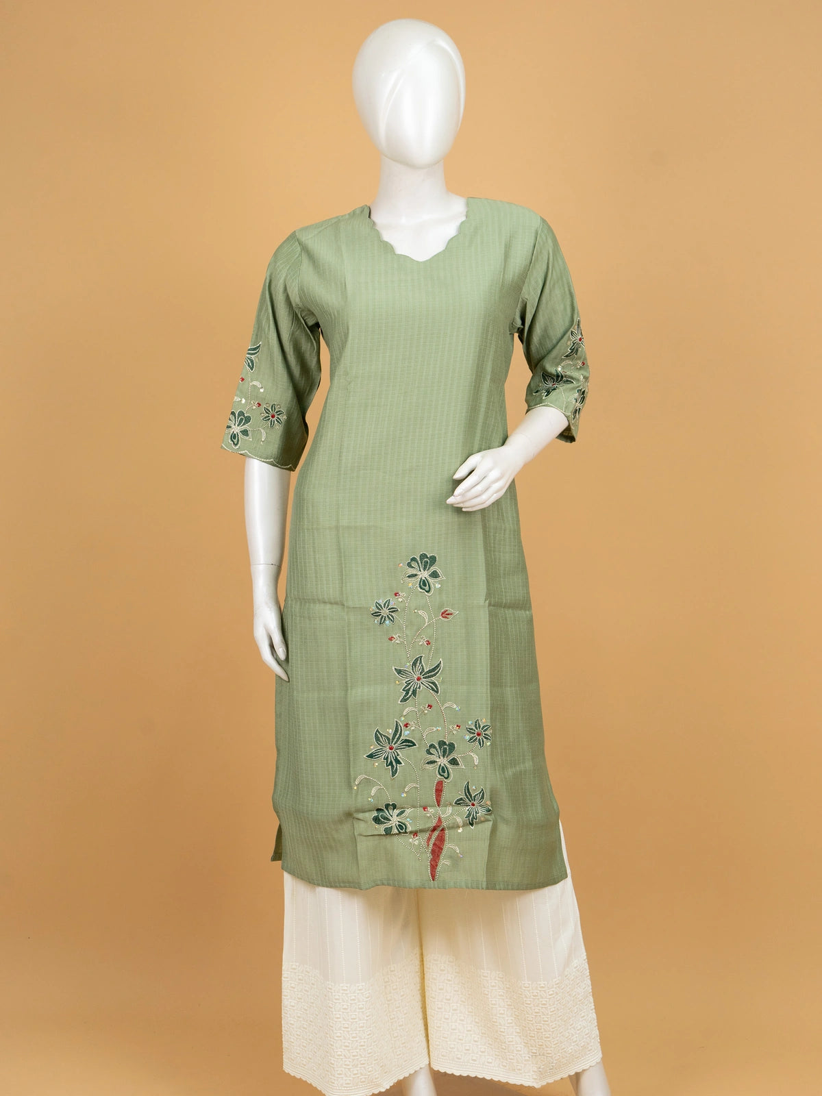 Sage Green floral embroidered cotton silk Anarkali kurti top with 3/4 sleeves and scalloped neckline