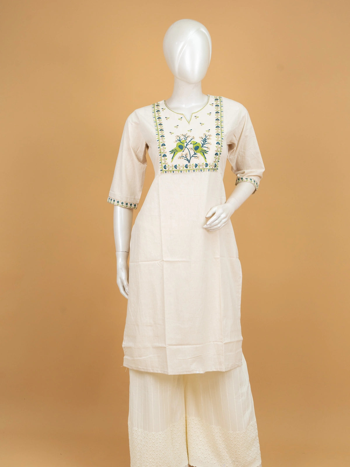 Off-White Cotton Bird Embroidered Anarkali Kurti Top with green and blue parrot motif yoke
