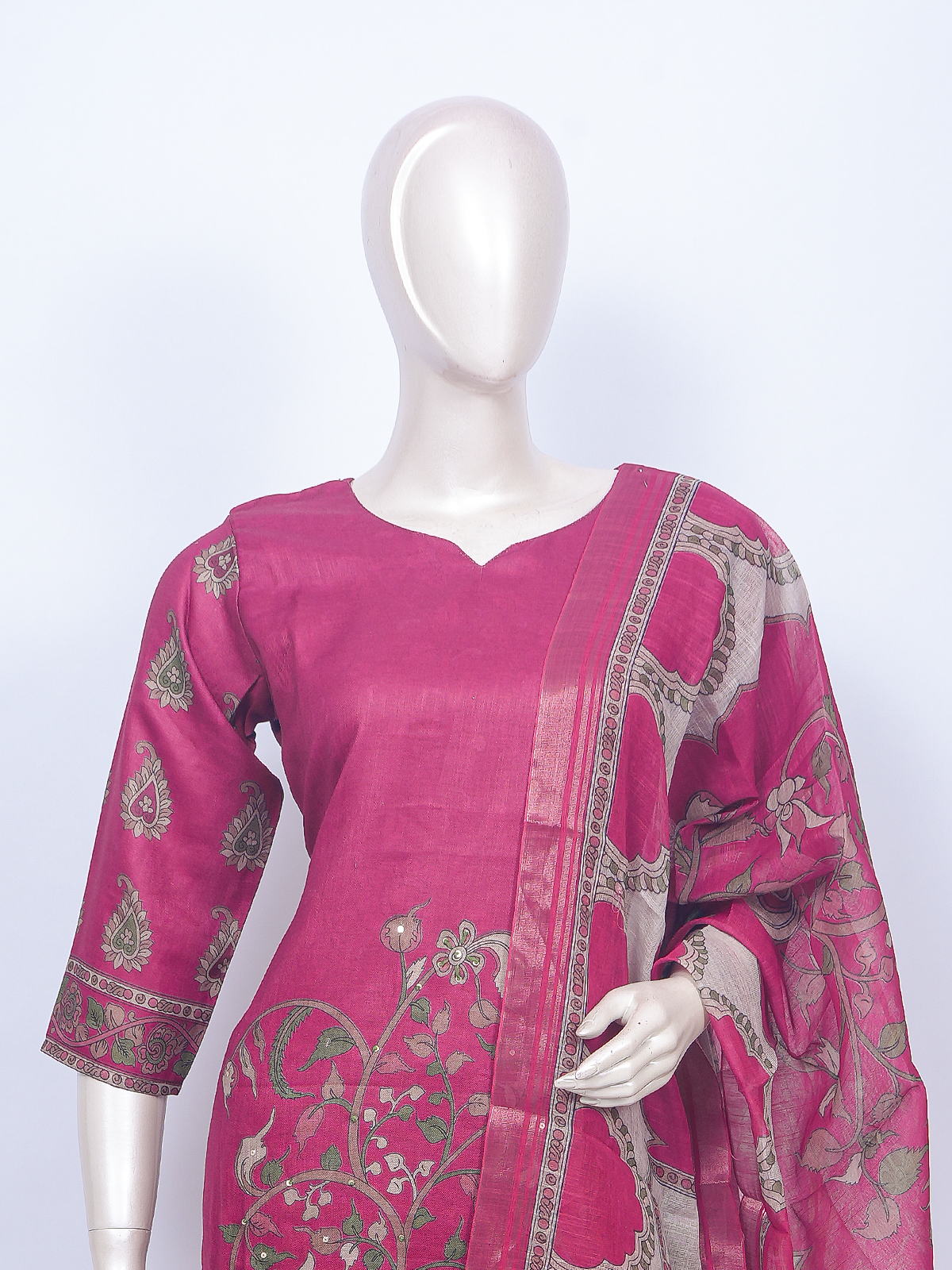 Rani Pink Kalamkari printed kurti set with straight pants and contrast printed dupatta