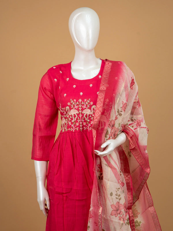 Rani Pink flamingo embroidered Chanderi silk Anarkali kurti set with floral printed dupatta