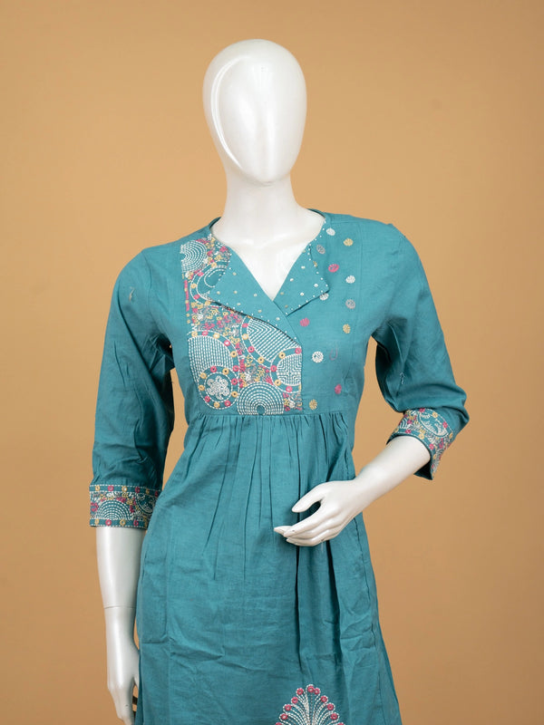 Teal cotton straight cut kurti set with peacock Kantha embroidery and matching pants